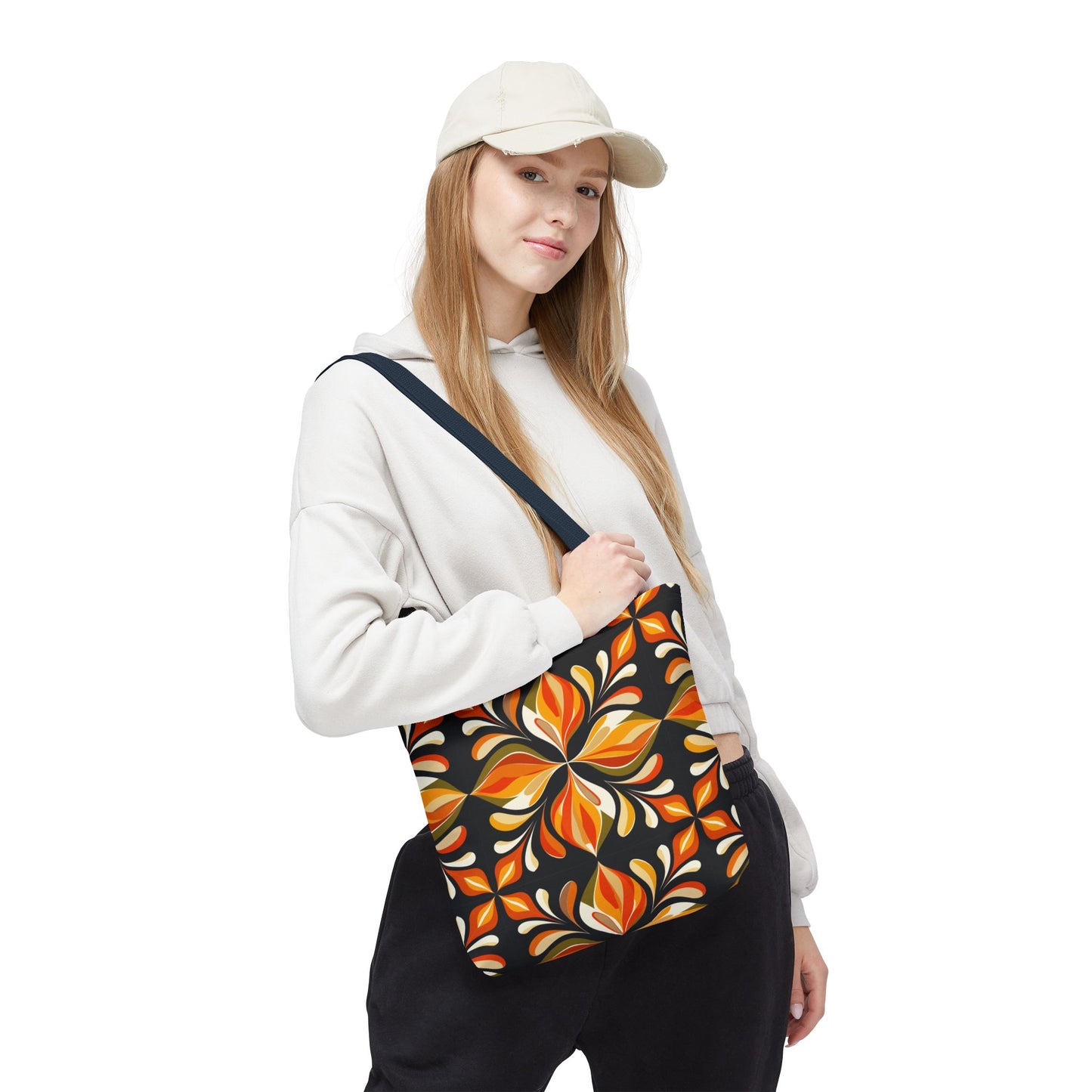 Retro Floral Tote Bag — Orange & Black Boho Pattern