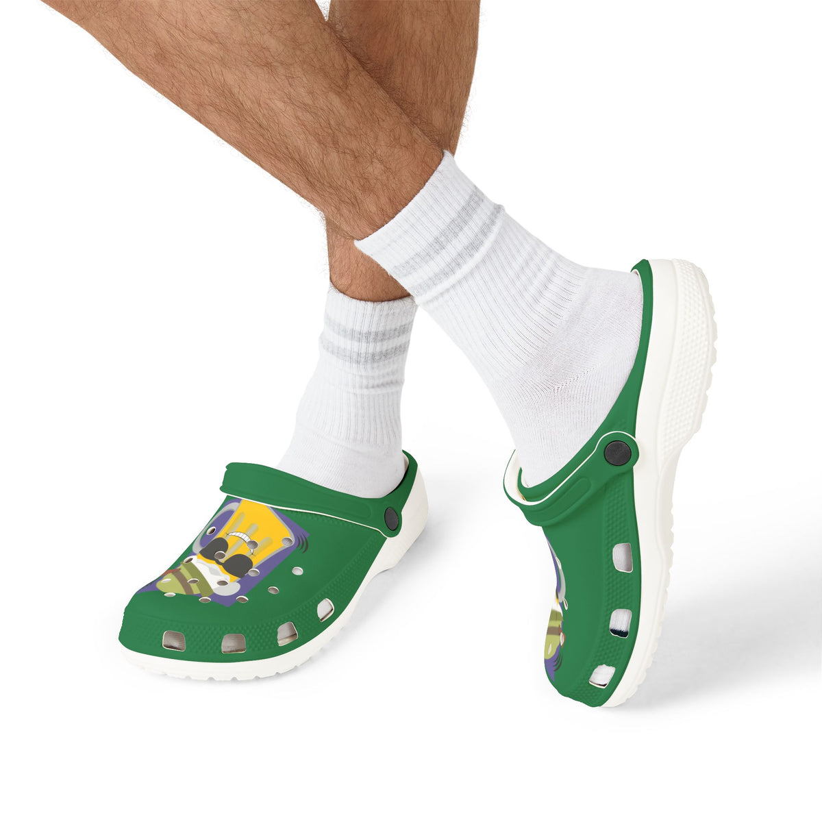 Green Foam Clogs with Cool Sunglasses Mug Graphic — Fun Casual Slip-On Shoes