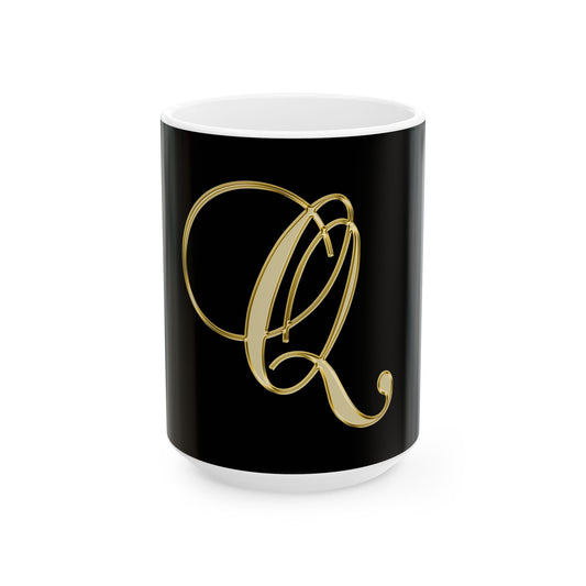 Gold Script Letter Q Mug — Elegant Monogram Ceramic Coffee Cup (11oz, 15oz)