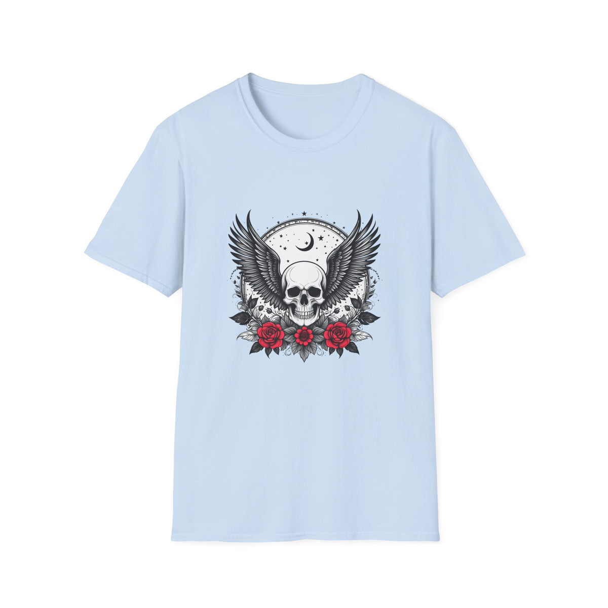 Skull Wings T‑Shirt – Crescent Moon & Red Roses Gothic Graphic Tee