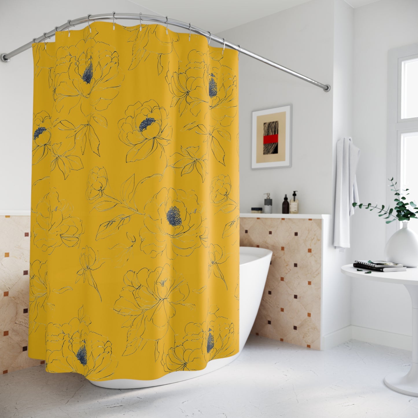 Chic Floral Shower Curtain, Bright Yellow Bathroom Decor, Modern Home Accessories, Elegant Gift for Her, Spring & Summer Vibes