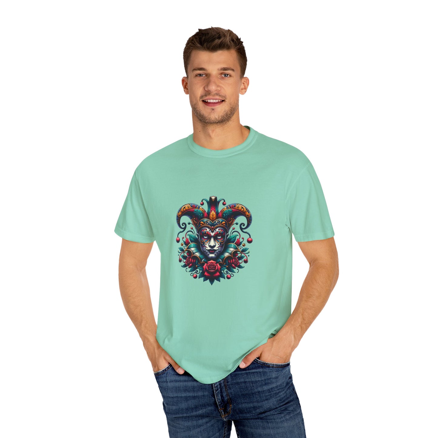 Vibrant Unisex Garment-Dyed T-shirt Featuring Colorful Jester Design, Festival Fashion