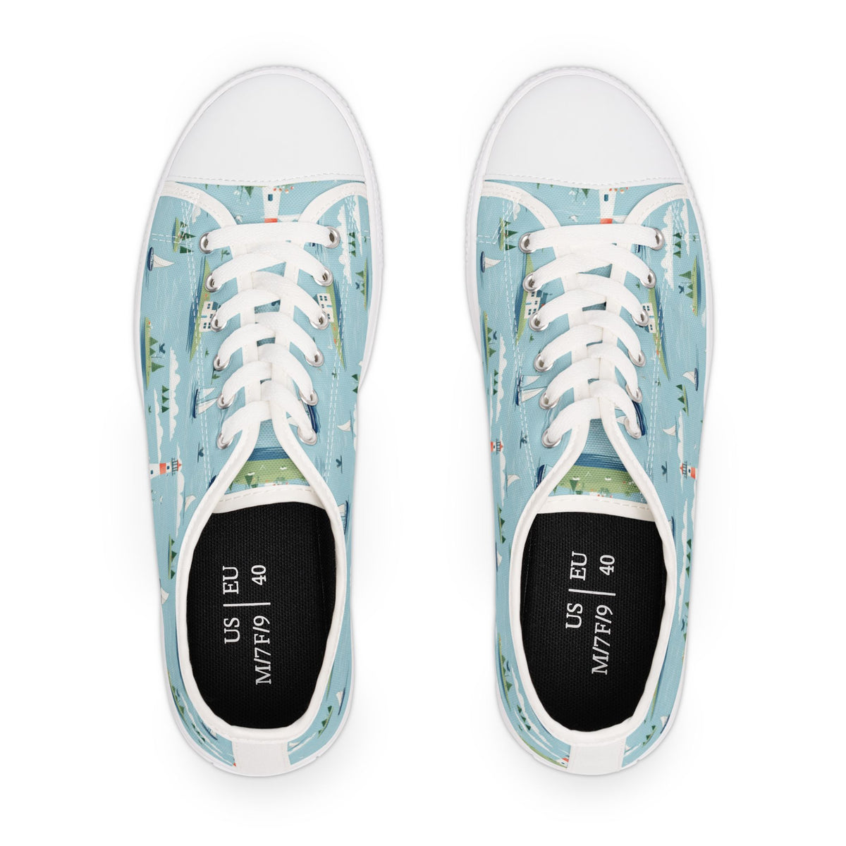 Low Top Sneakers — Nautical Lighthouse Pattern, Cute Coastal Women’s Casual Shoes
