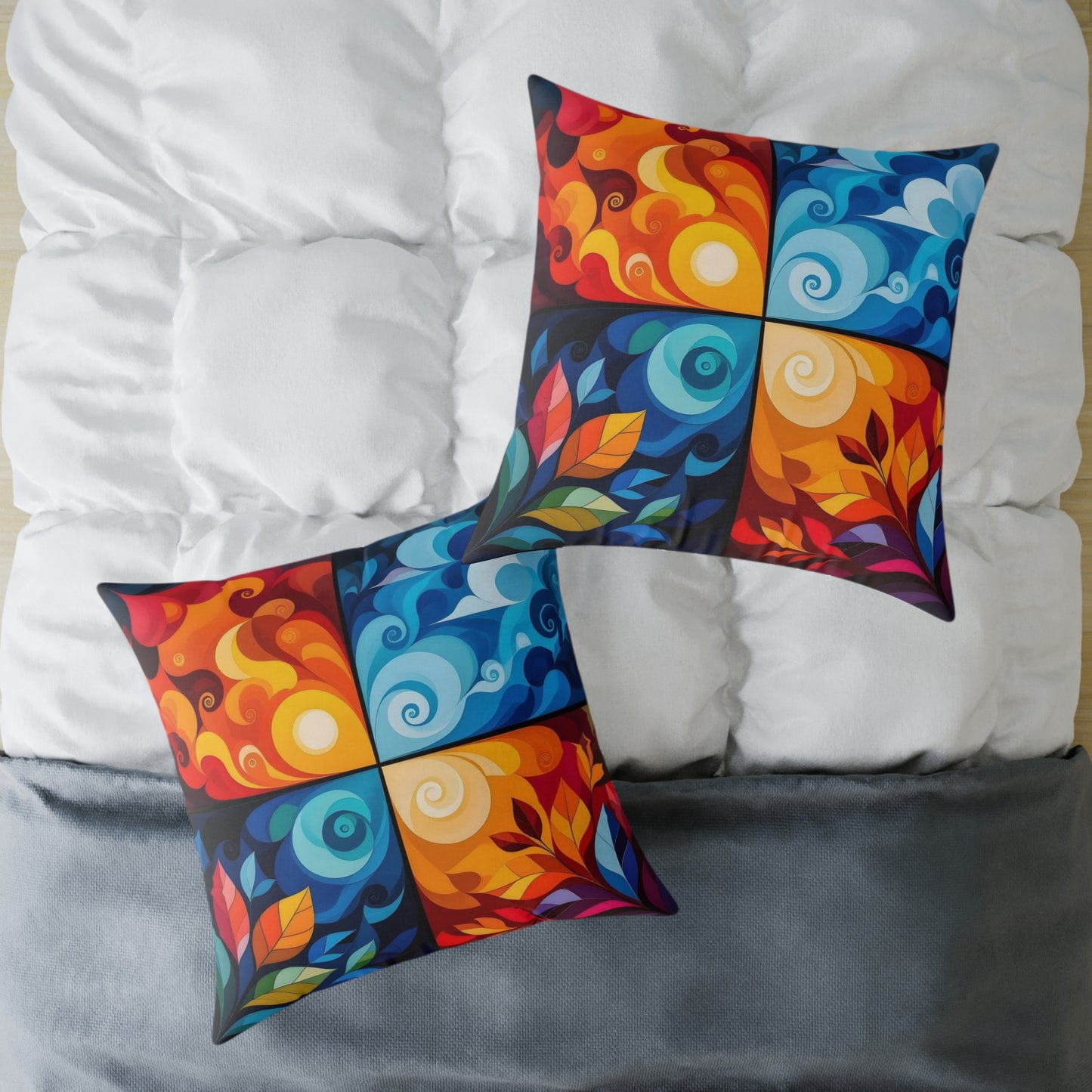 Abstract Seasons Square Pillow — Colorful Four-Panel Decorative Throw Pillow