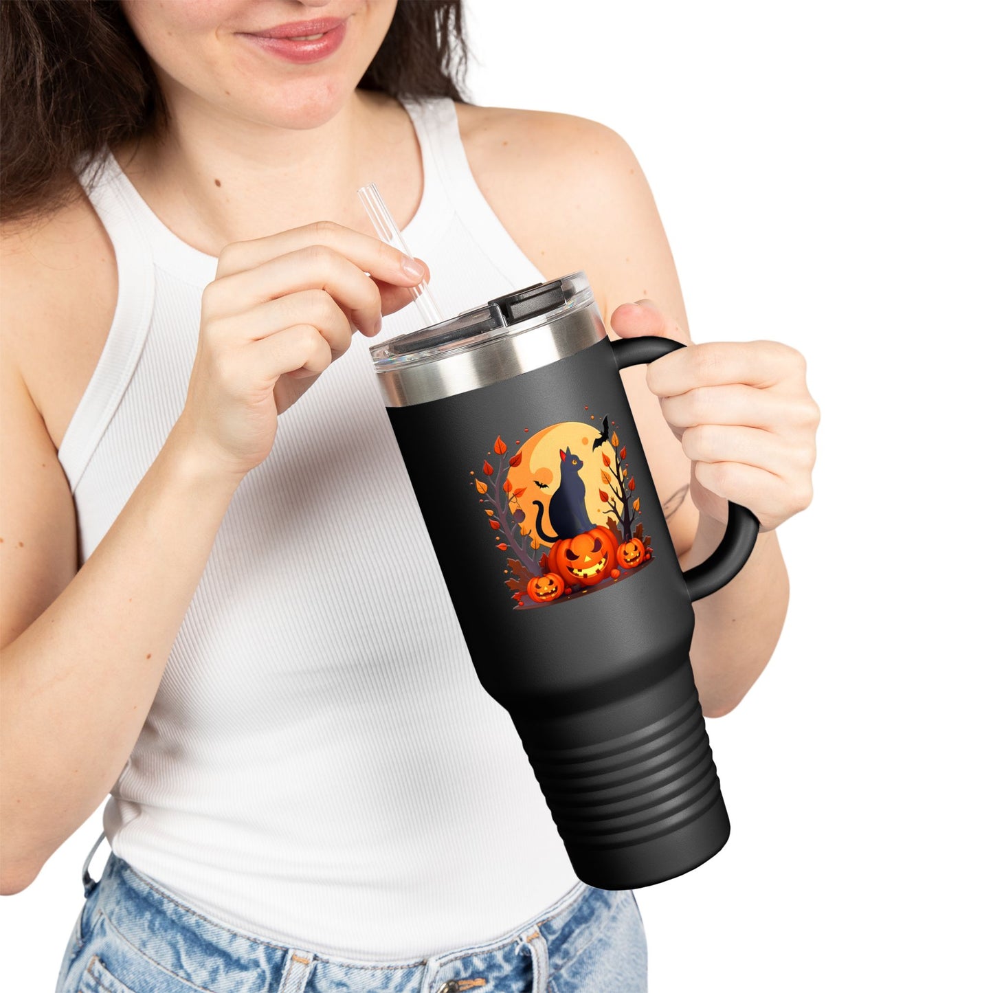 Halloween Cat Insulated Travel Mug | 40oz, Fall Coffee Tumbler, Pumpkin Travel Cup, Spooky Drinkware, Gift for Cat Lovers