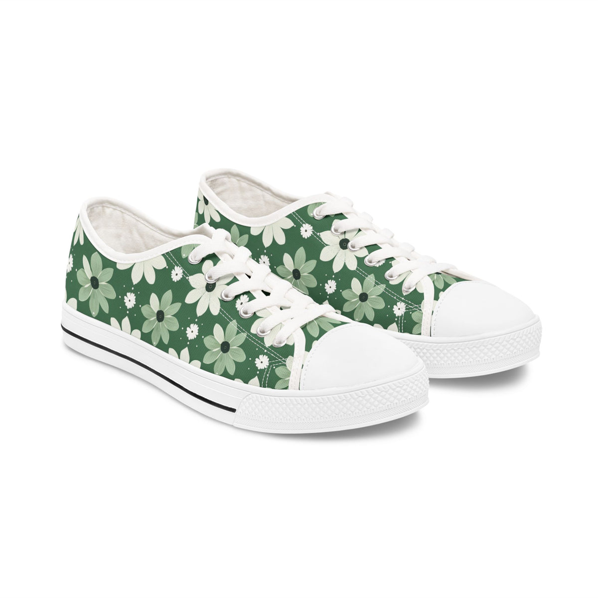 Floral Green Daisy Low Top Sneakers — Casual Garden Print Shoes