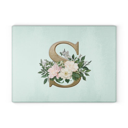 Personalized Floral Glass Cutting Board - Letter S