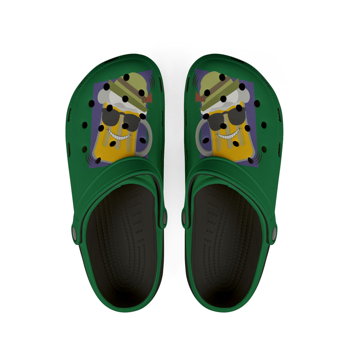 Green Foam Clogs with Cool Sunglasses Mug Graphic — Fun Casual Slip-On Shoes