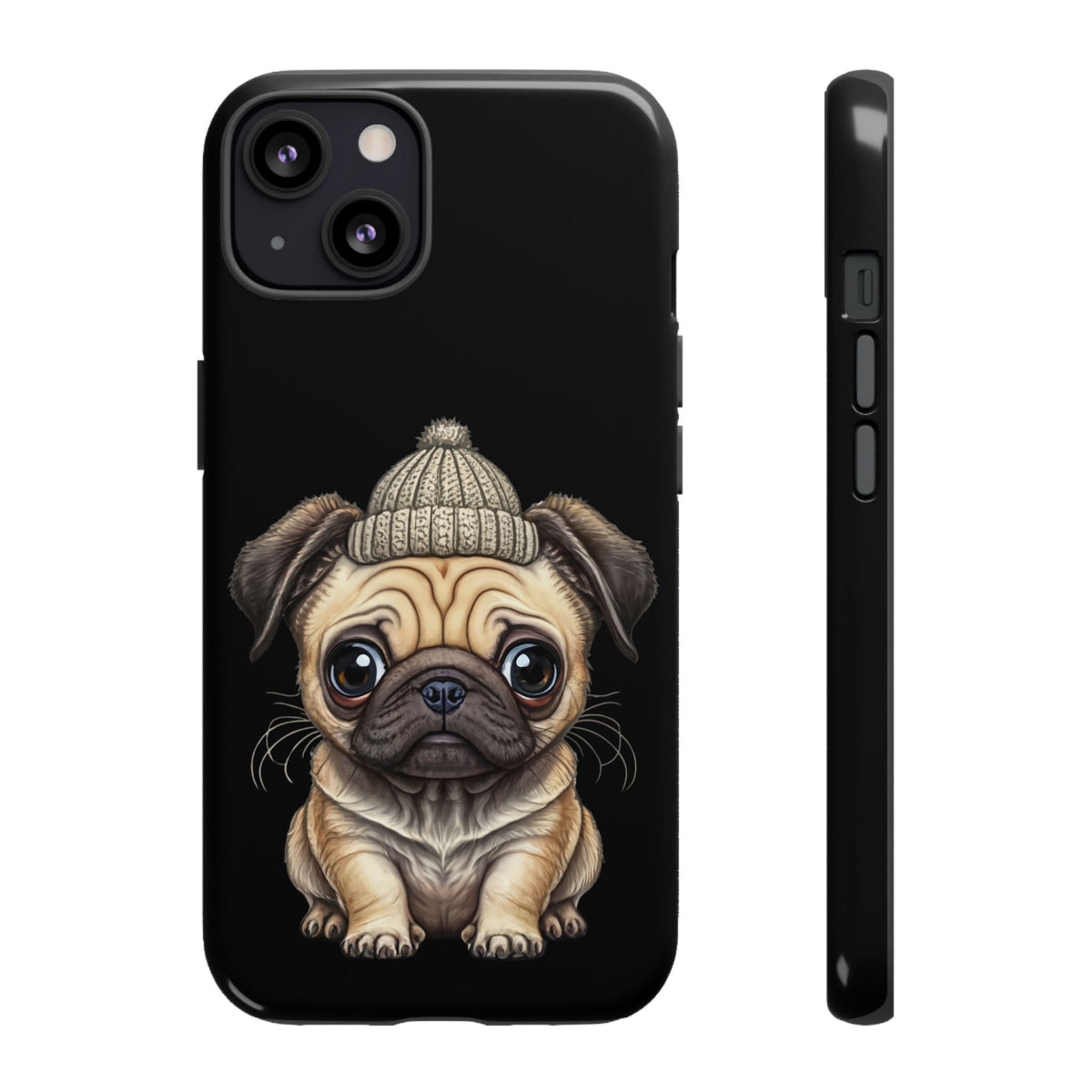 Pug Phone Case – Cute Pug Puppy Illustration on Black Tough Case