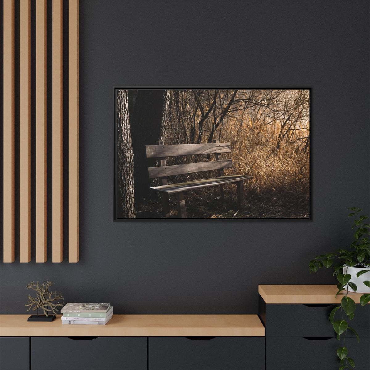 Framed Matte Canvas Print — Autumn Park Bench Photography