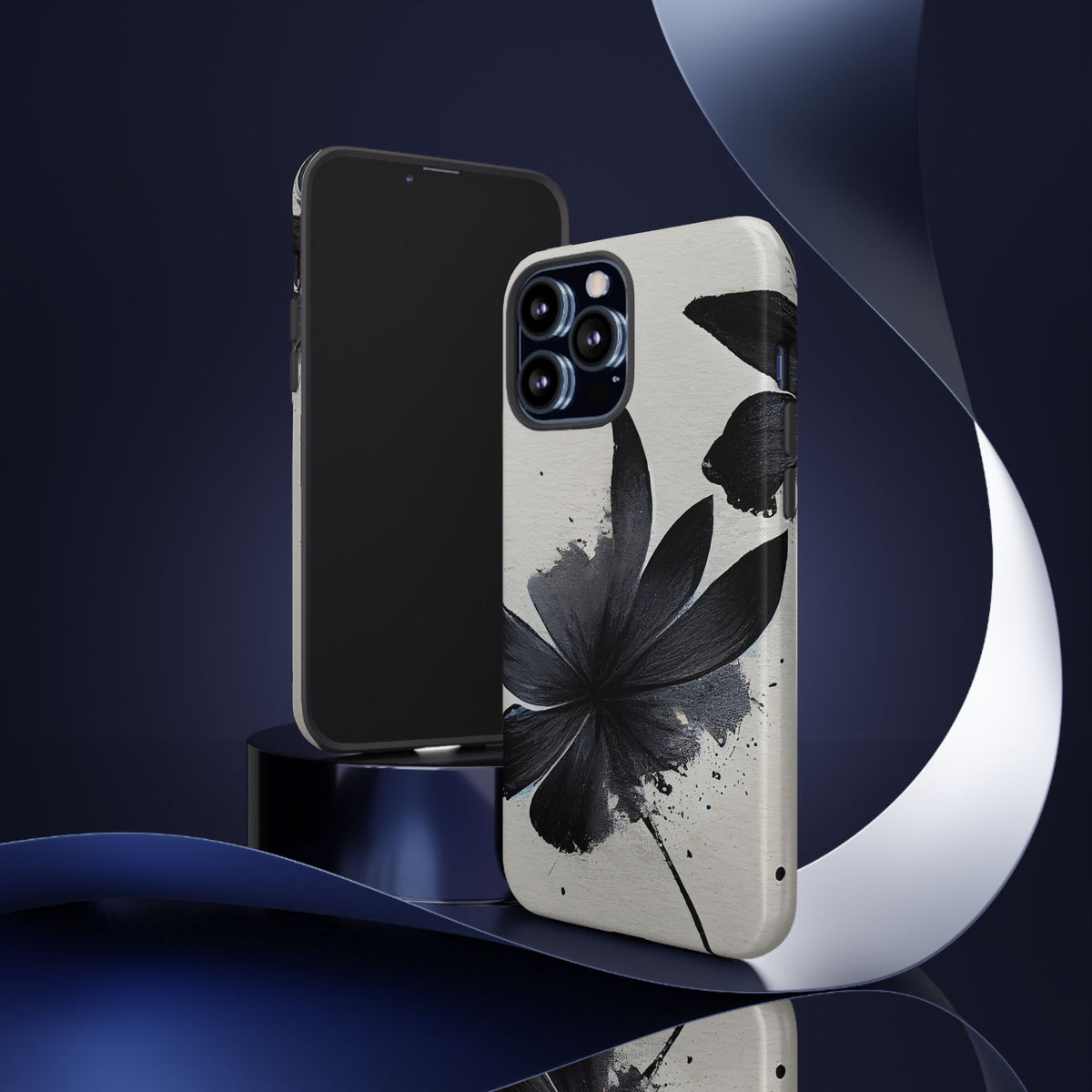 Monochrome Floral Tough Phone Case — Black Ink Flower Protective Cover