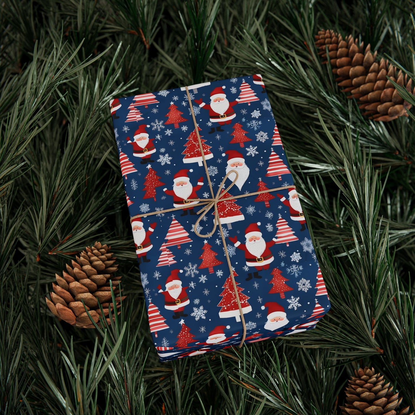 Christmas Santa Wrapping Paper Roll — Blue Festive Holiday Gift Wrap with Santa, Snowflakes & Stockings