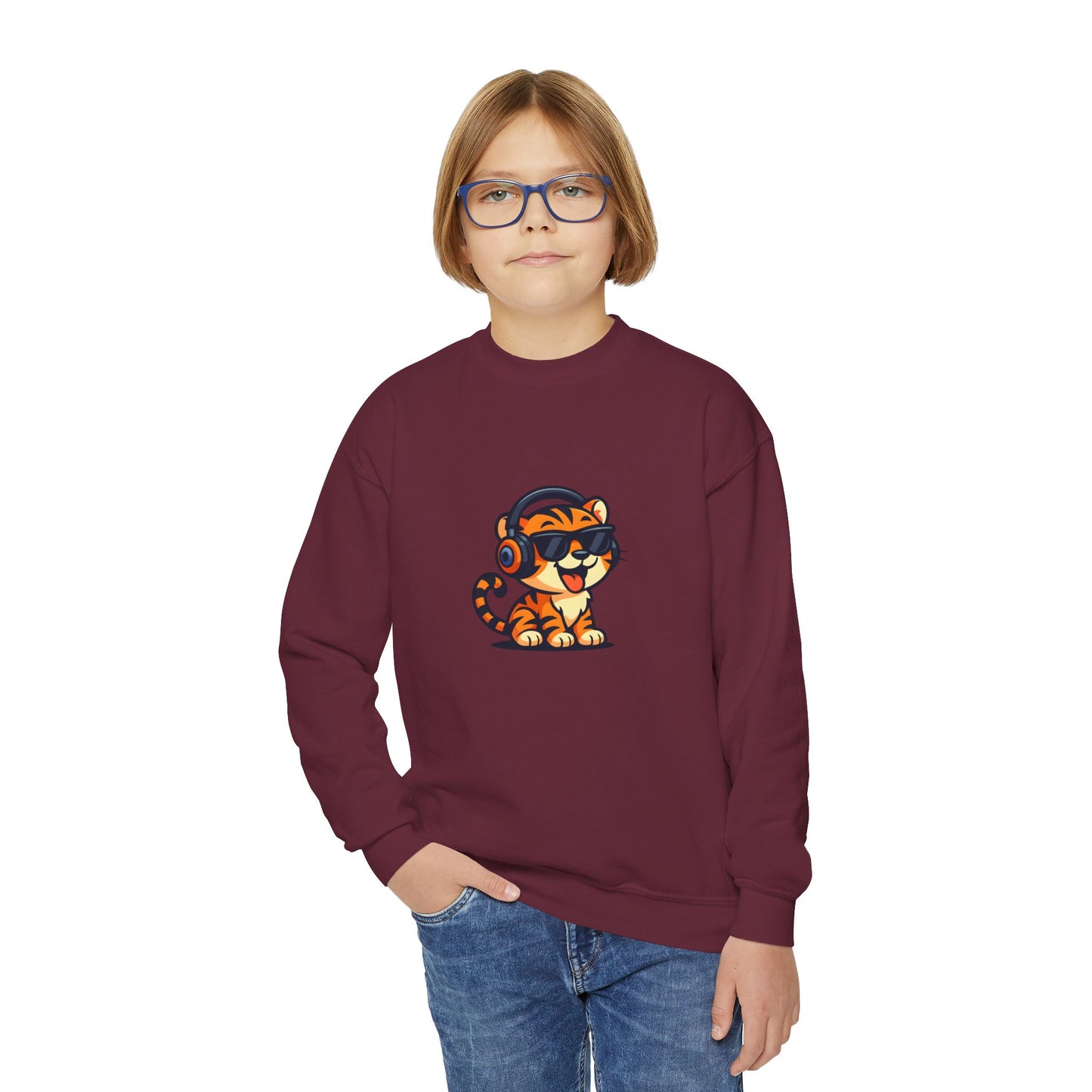 Cool Tiger Youth Crewneck Sweatshirt, Cute Animal Apparel, Teen Style, Gift for Kids, Casual Wear