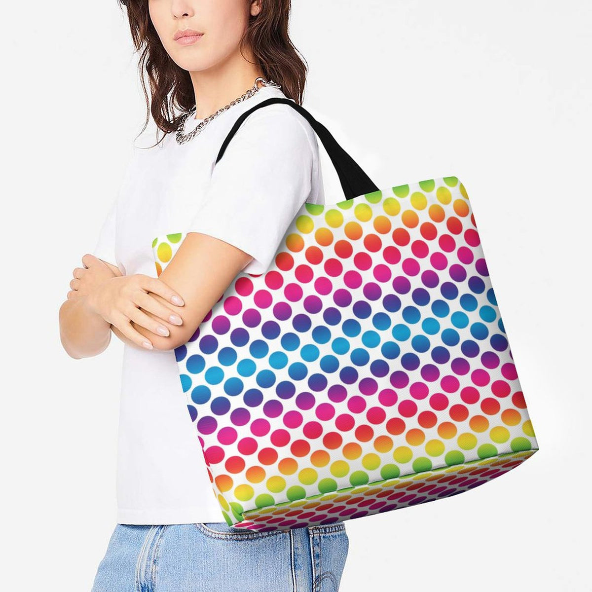 Large One Shoulder Shopping Bag Rainbow Dots