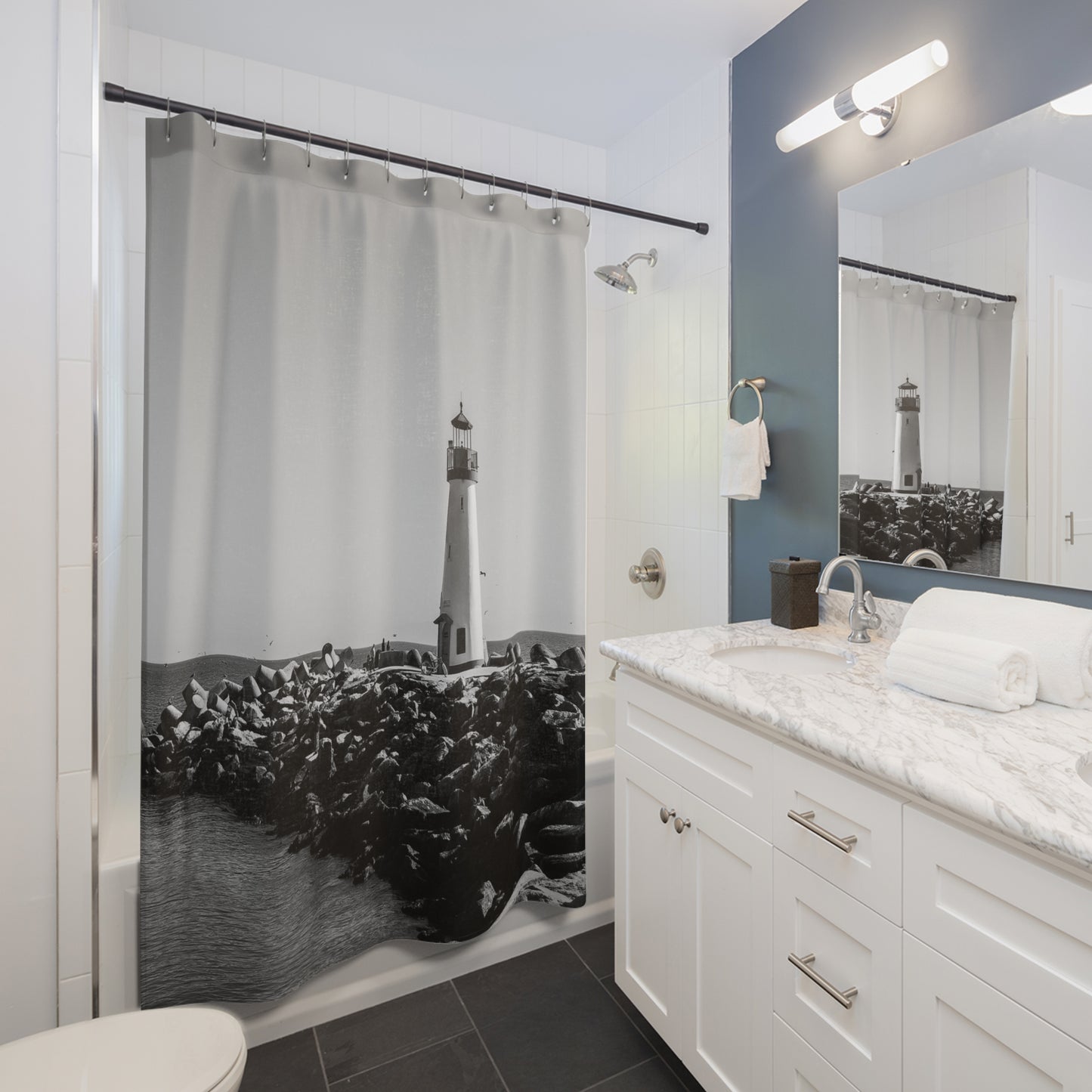 Coastal Lighthouse Shower Curtain - Nautical Home Decor, Beach Bathroom Accessory, Ocean Style, Gift for Nautical Lovers,