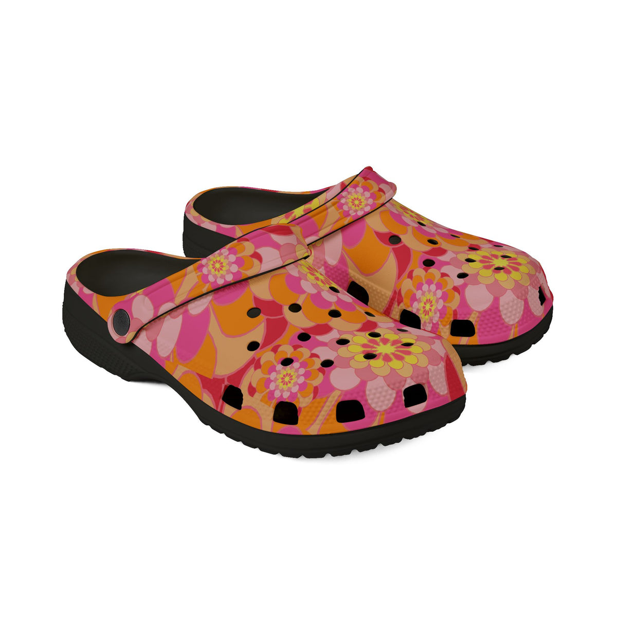 Floral Retro Foam Clogs — Pink Orange Psychedelic Garden Slip-Ons