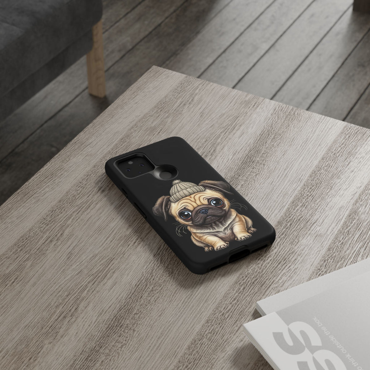 Pug Phone Case – Cute Pug Puppy Illustration on Black Tough Case
