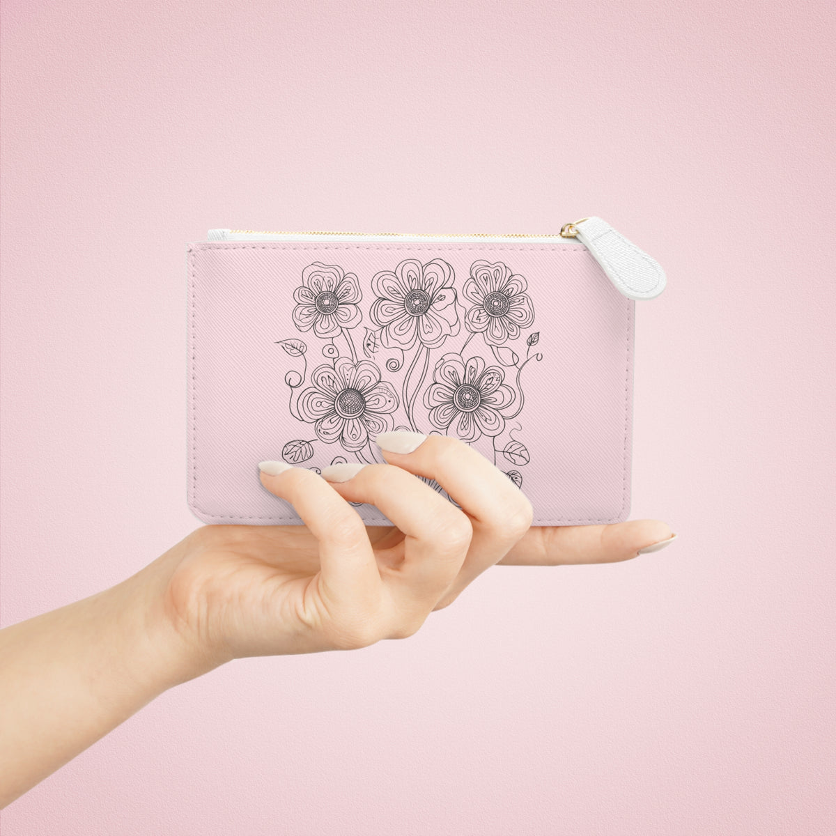 Floral Mini Clutch Bag — Pink Hand-Drawn Flower Zipper Pouch