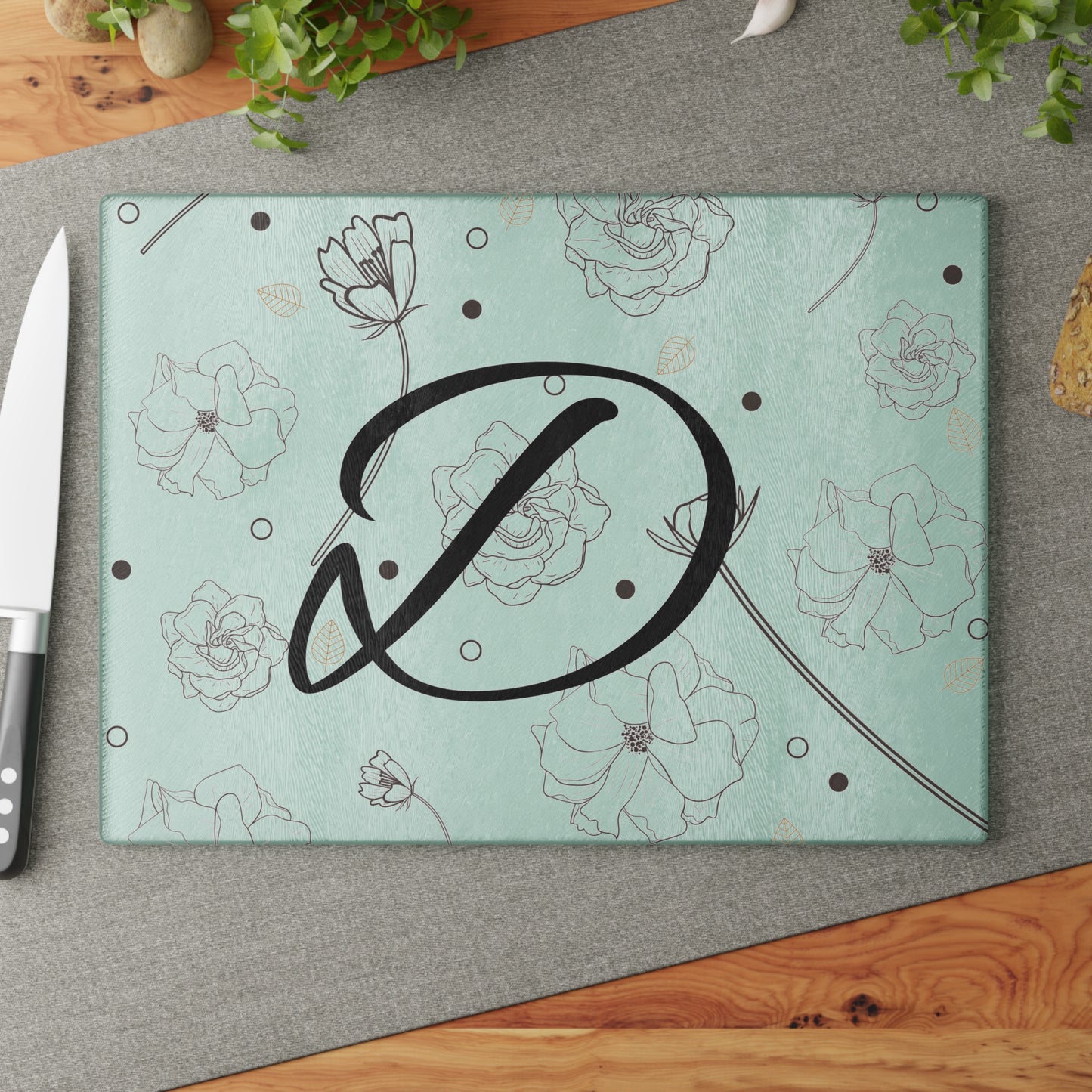 Personalized Floral Glass Cutting Board, Custom Kitchen Decor, Monogrammed Gift, Wedding Gift, Cooking Accessories, Housewarming
