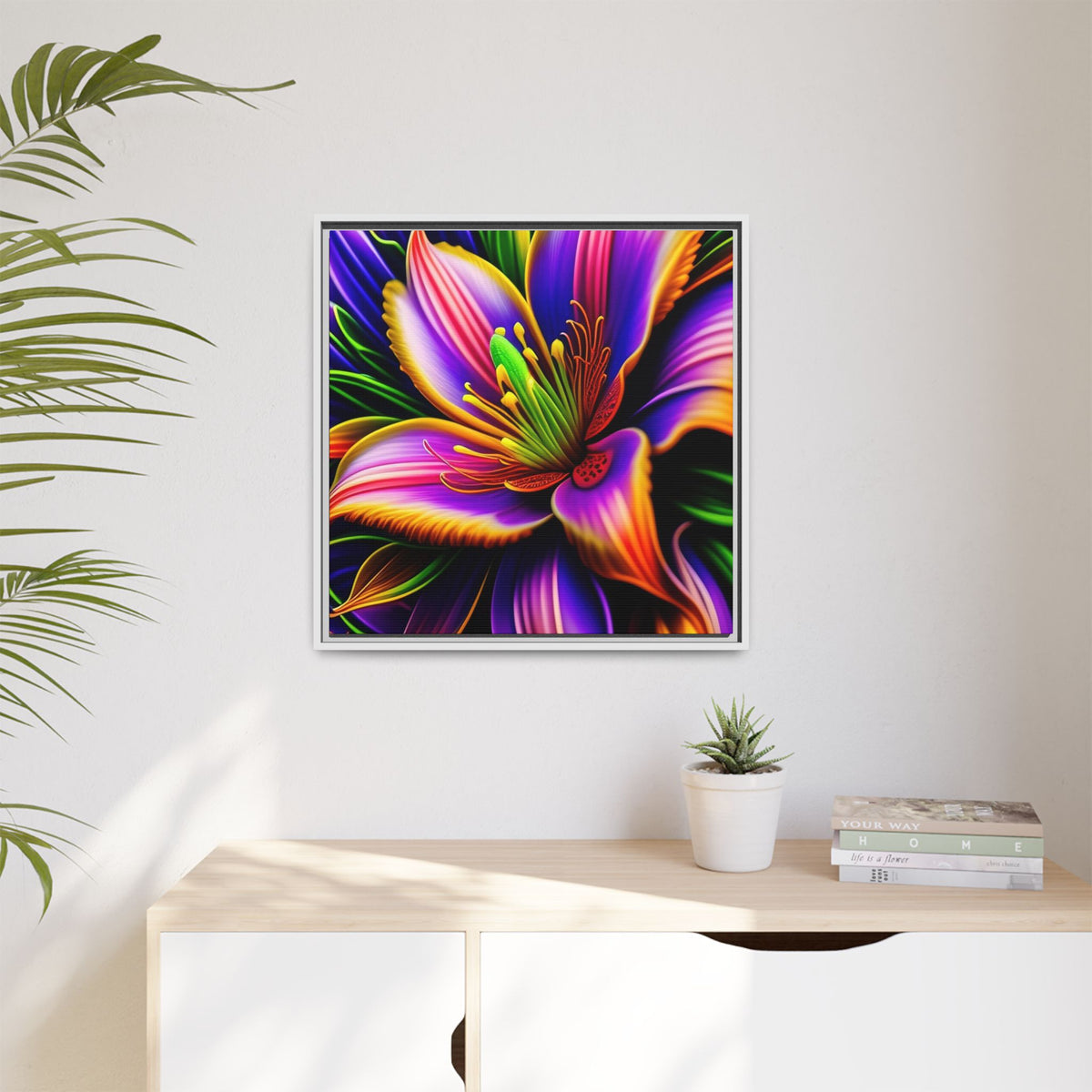 Vibrant Neon Floral Matte Canvas Print — Framed Wall Art