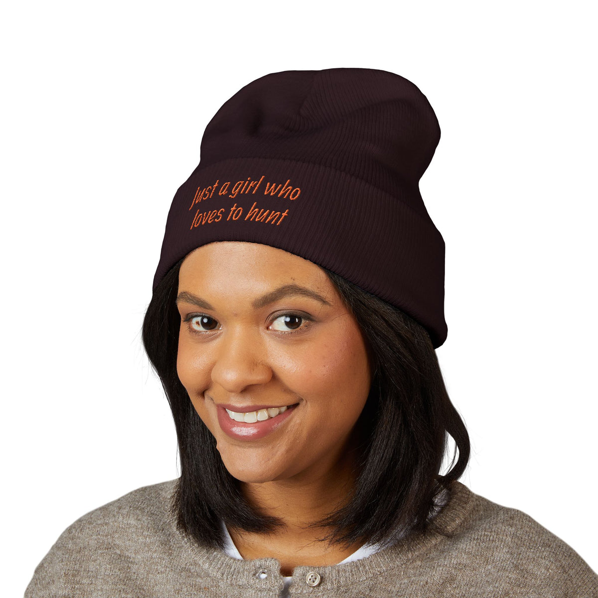 Hunting Enthusiast Beanie - "Just a Girl Who Loves to Hunt" Embroidered Cuffed Beanie