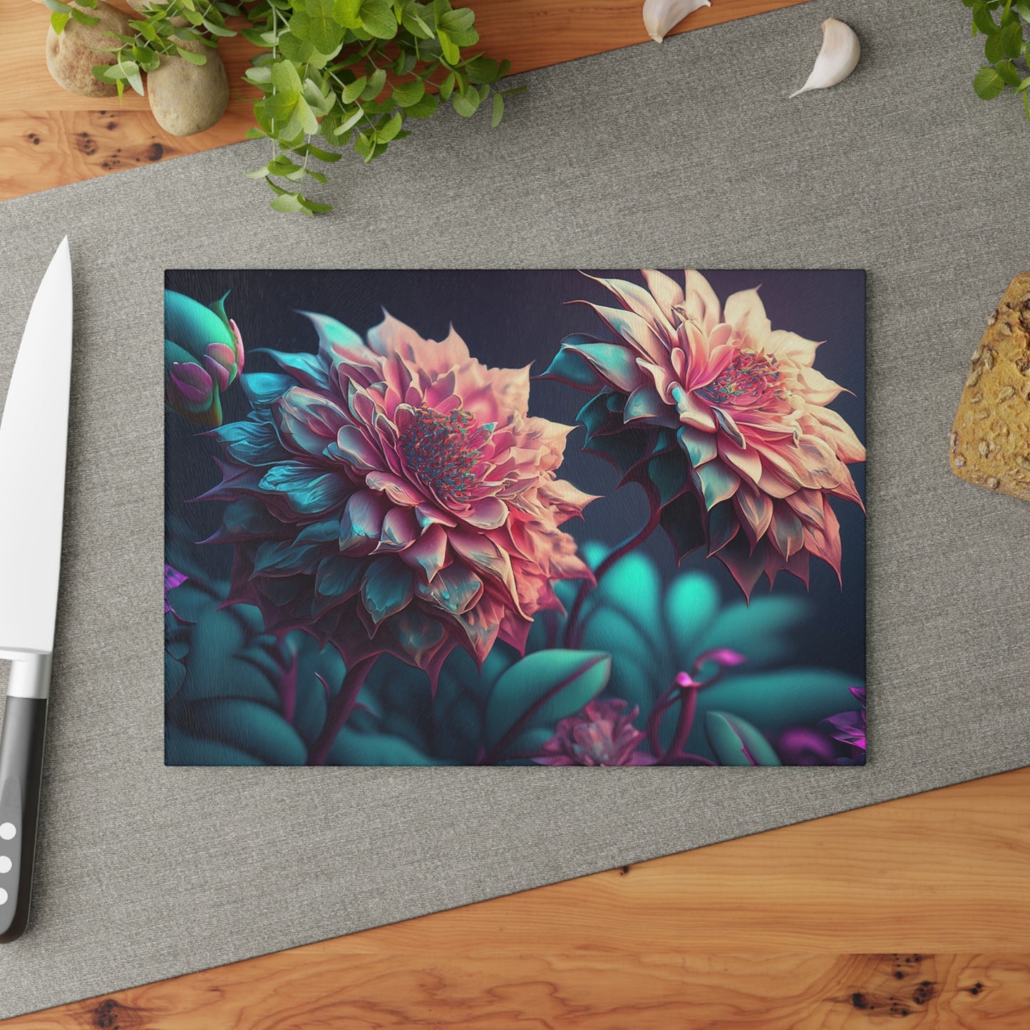 Floral Glass Cutting Board - Kitchen Decor, Wedding Gift, Home Cooking, Floral Art, Unique Kitchen Accessories