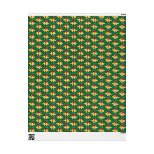 Christmas Bells Wrapping Paper Roll — Green Holly Holiday Gift Wrap