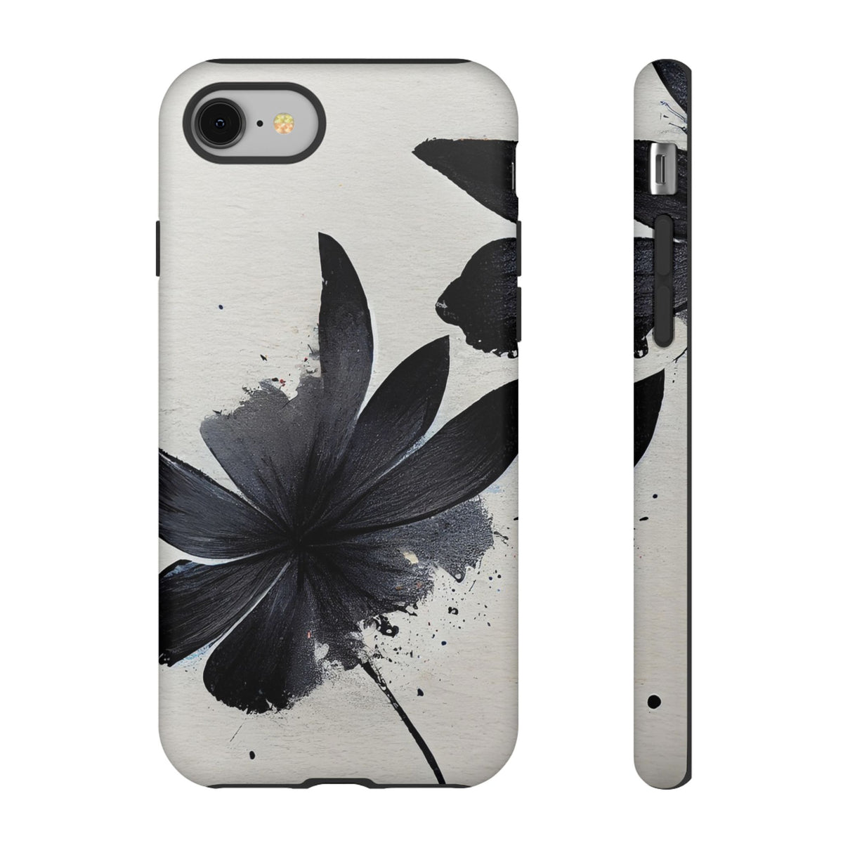 Monochrome Floral Tough Phone Case — Black Ink Flower Protective Cover