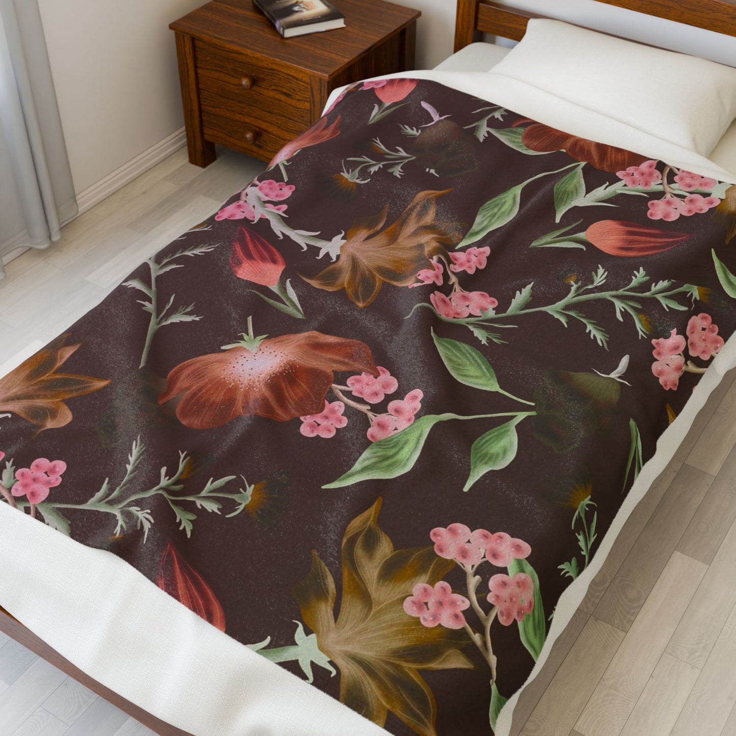 Floral Skull Velveteen Blanket, Cozy Throw, Living Room Decor, Gift for Her, Soft Bedding, Boho Home Accent