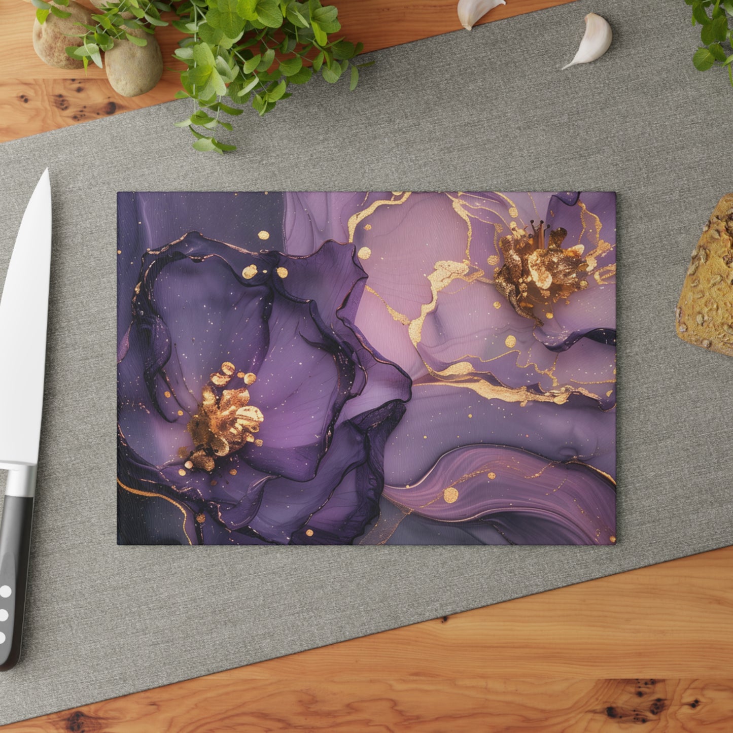 Floral Art Glass Cutting Board, Elegant Kitchen Decor