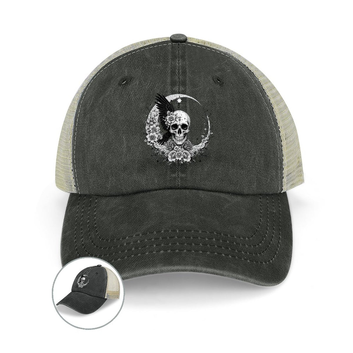 Cotton Trucker Hat for Casual Style - Skull and Roses