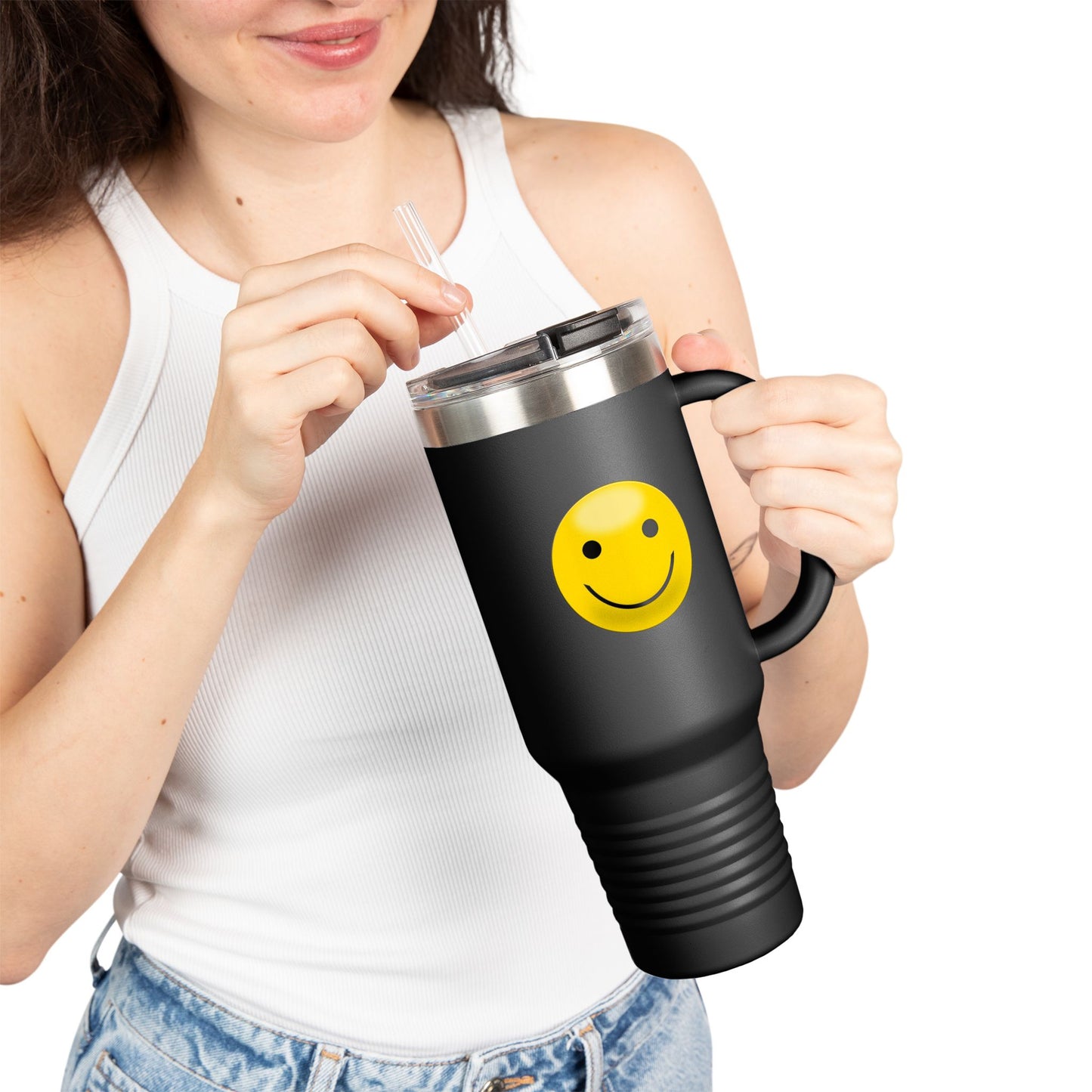 Smiley Face Insulated Travel Mug | 40oz Large Cup for Hot/Cold Beverages | Perfect for Travel & Gifting