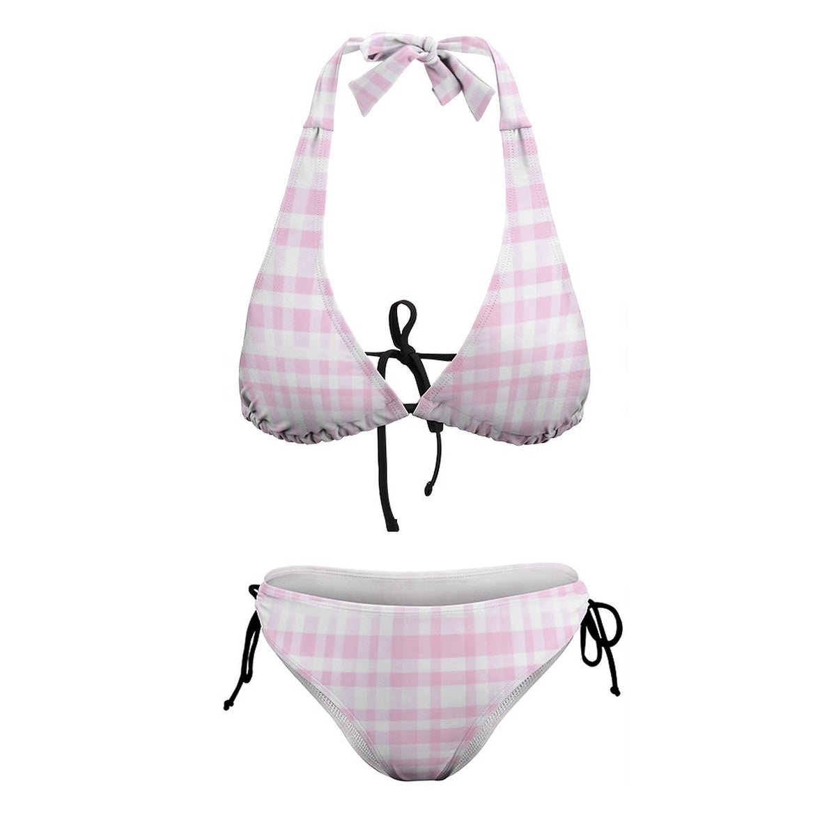Two Piece Halter Swimsuit Pink Plaid