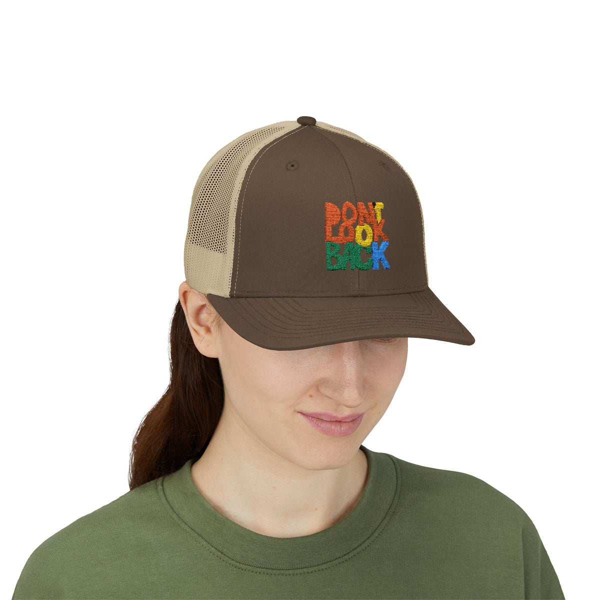 Don’t Look Back Snapback Trucker Cap — Retro Rainbow Embroidered Hat