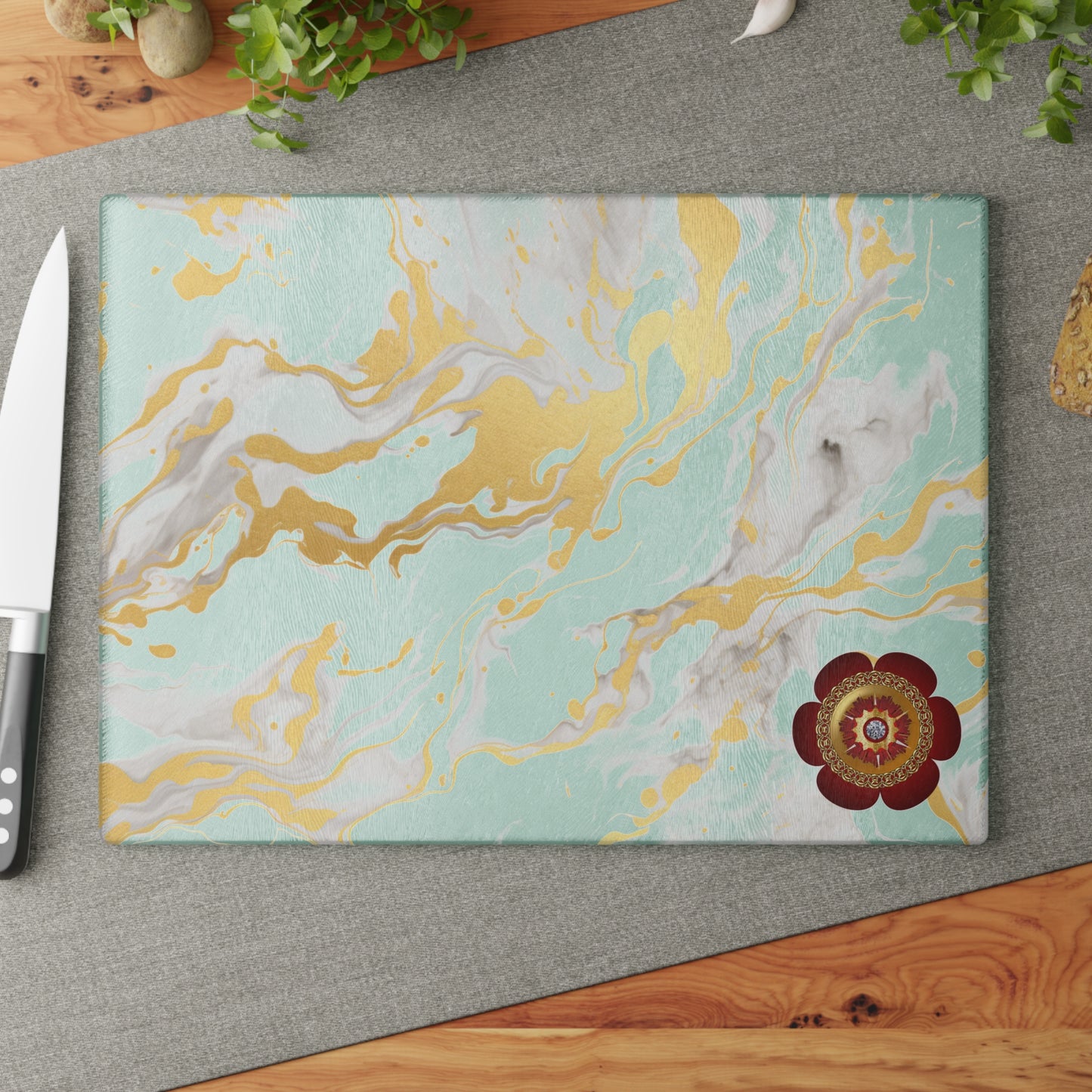 Elegant Marble Glass Cutting Board with Floral Design, Kitchen Decor, Home Gift