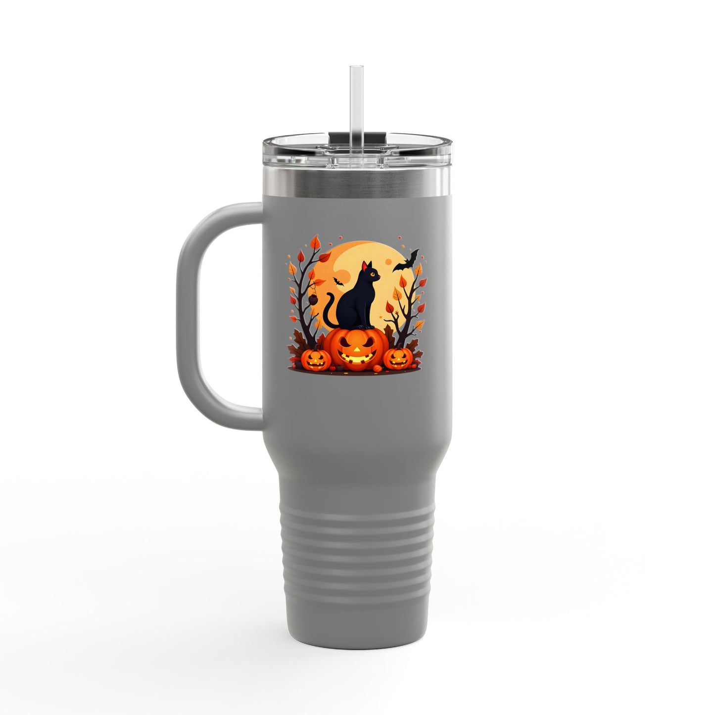 Halloween Cat Insulated Travel Mug | 40oz, Fall Coffee Tumbler, Pumpkin Travel Cup, Spooky Drinkware, Gift for Cat Lovers