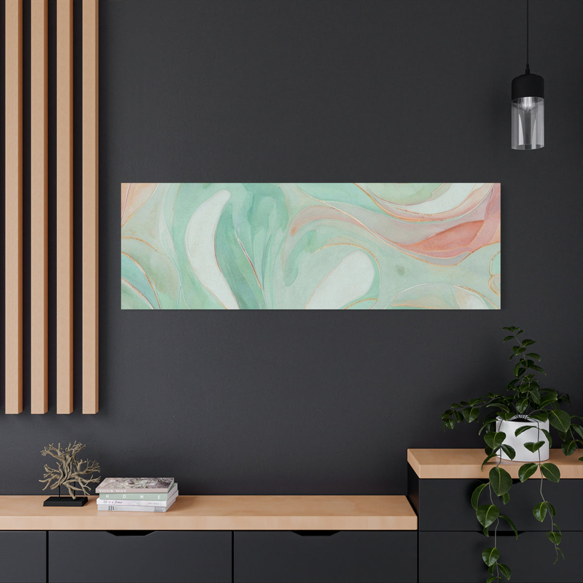 Abstract Green Marble Canvas Print — Teal & Coral Swirl Wall Art