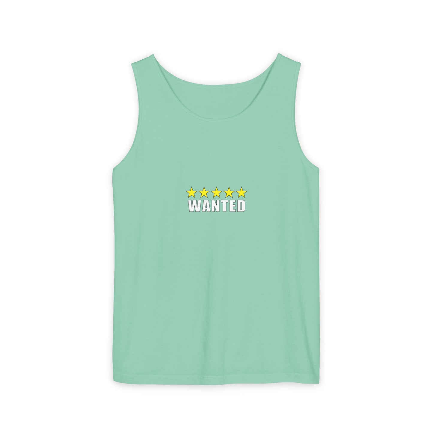 5-Star "WANTED" Garment-Dyed Tank Top, Unisex Summer Shirt, Gift for Him/Her, Trendy Casual Wear, Pool Party Outfit, Unique Graphic Tee