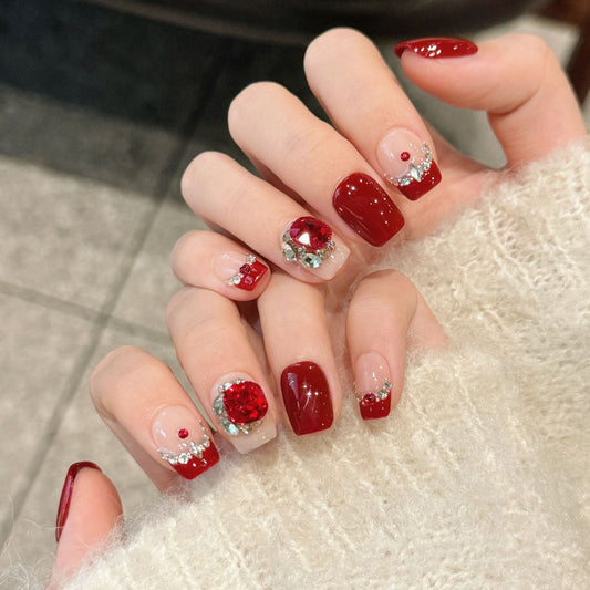 365nails: "Crimson Bloom" – 3D Floral Rhinestone Handmade Short Square Nails – Image 2