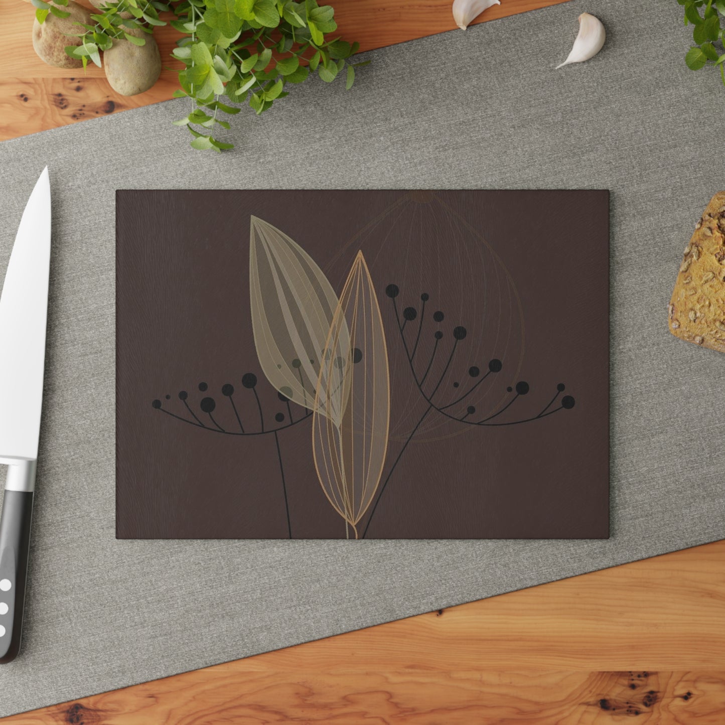Elegant Glass Cutting Board with Leaf Design, Kitchen Decor, Housewarming Gift, Culinary Art, Modern Kitchen Accessory