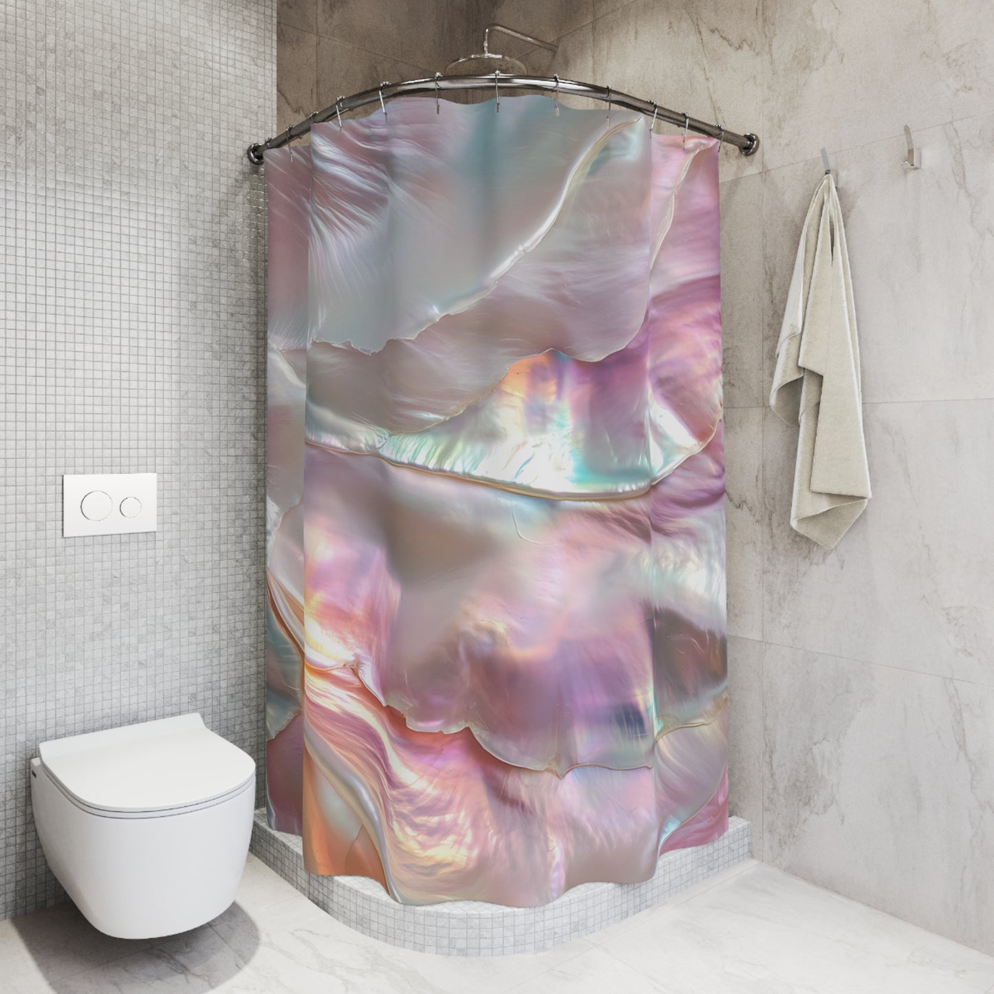 Iridescent Pearl Shower Curtain — Holographic Pastel Bathroom Decor
