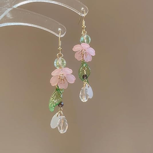 Pink Flower Necklace Earrings Set for Women Cherry Blossom Floral Pearl Pendant