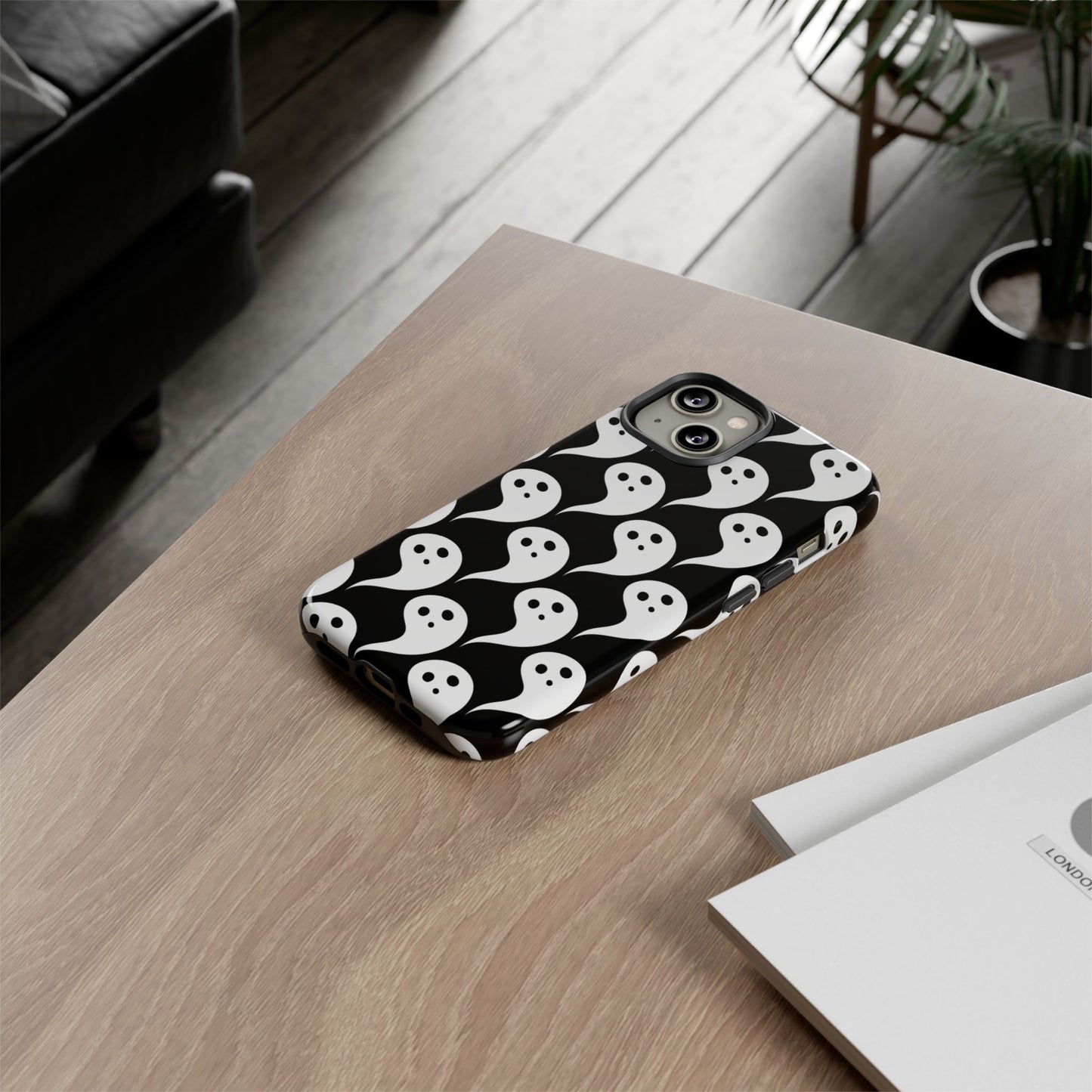 Ghost Pattern Phone Case, Cute Ghost Cell Phone Cover, Halloween Accessory, Spooky Gift, Black and White Phone Case