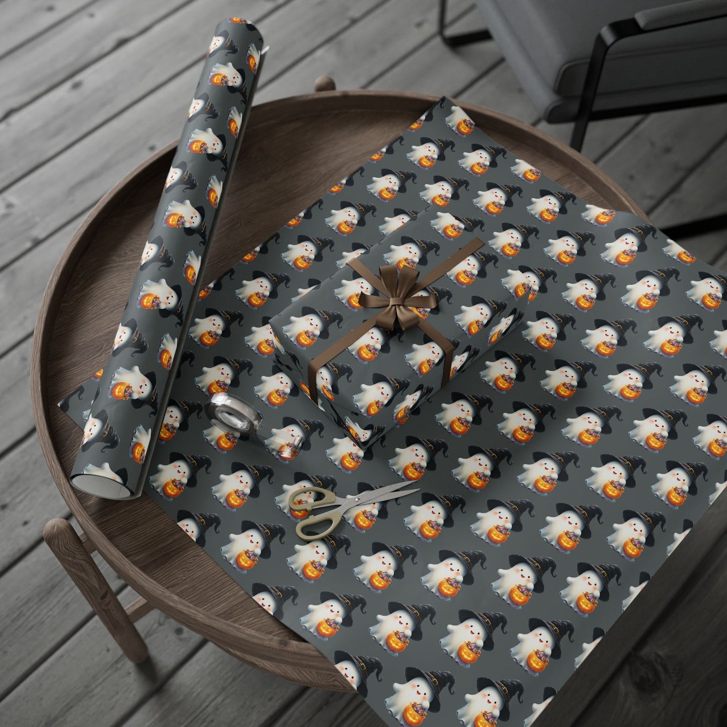 Ghostly Halloween Wrapping Paper, Spooky Gift Wrap, Treats & Trick Paper, Festive Holiday Supplies, Cute Ghost Design