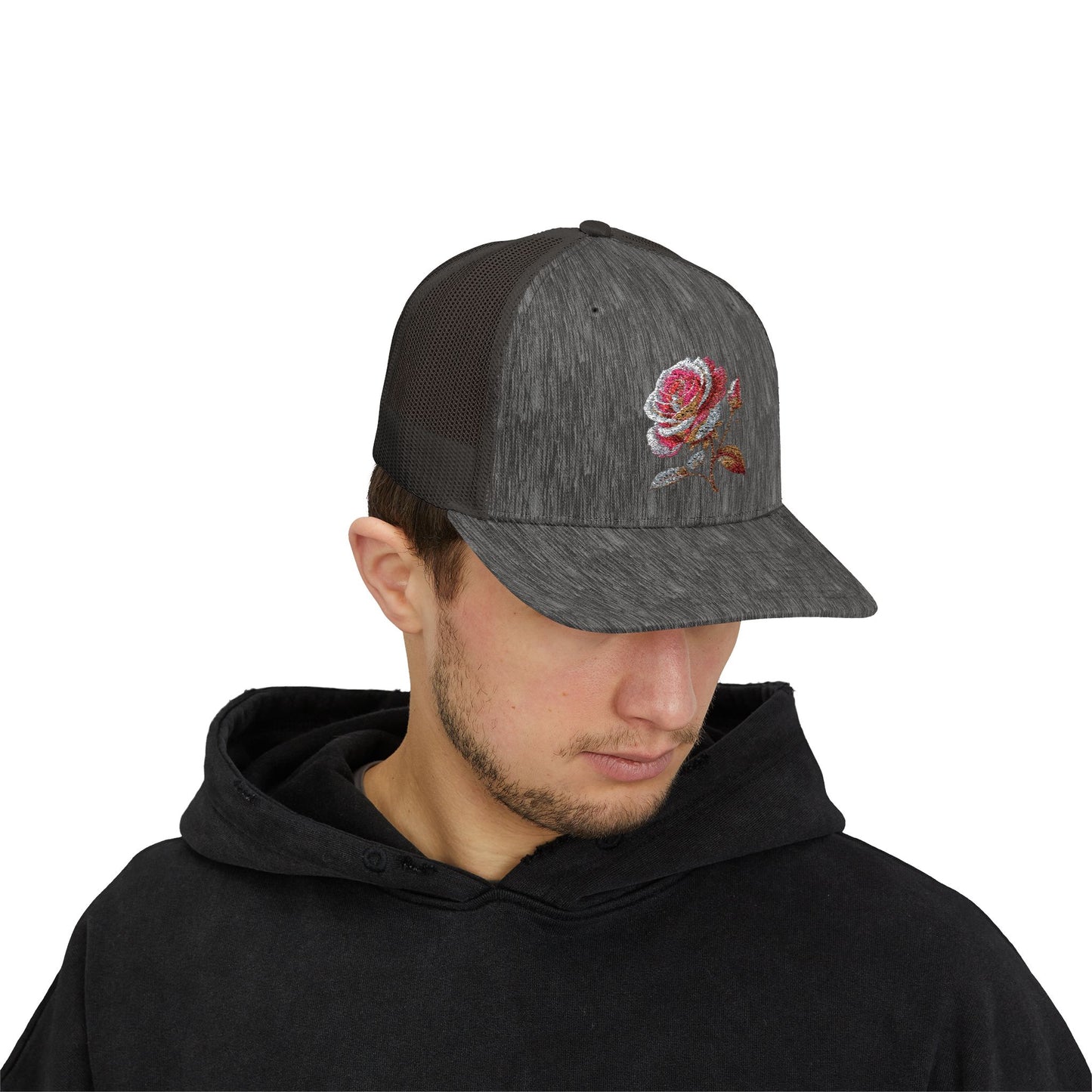 Rose Embellished Snapback Trucker Cap, Casual Hat for Outdoor Events, Gift for Flower Lovers, Stylish Fashion Accessory, Holiday Cap
