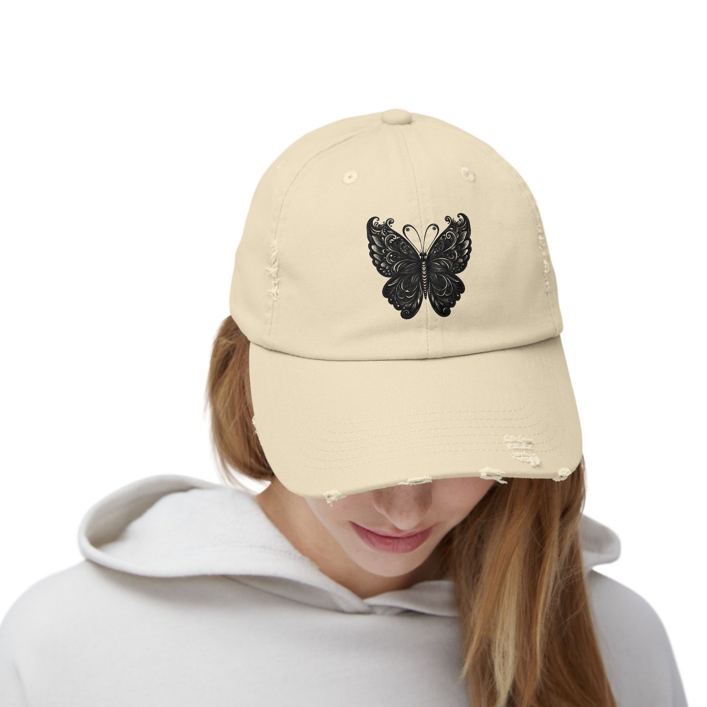 Black Distressed Butterfly Cap | Stylish Unisex Hat for Everyday Wear, Perfect Gift for Birthdays, Fashion Statement