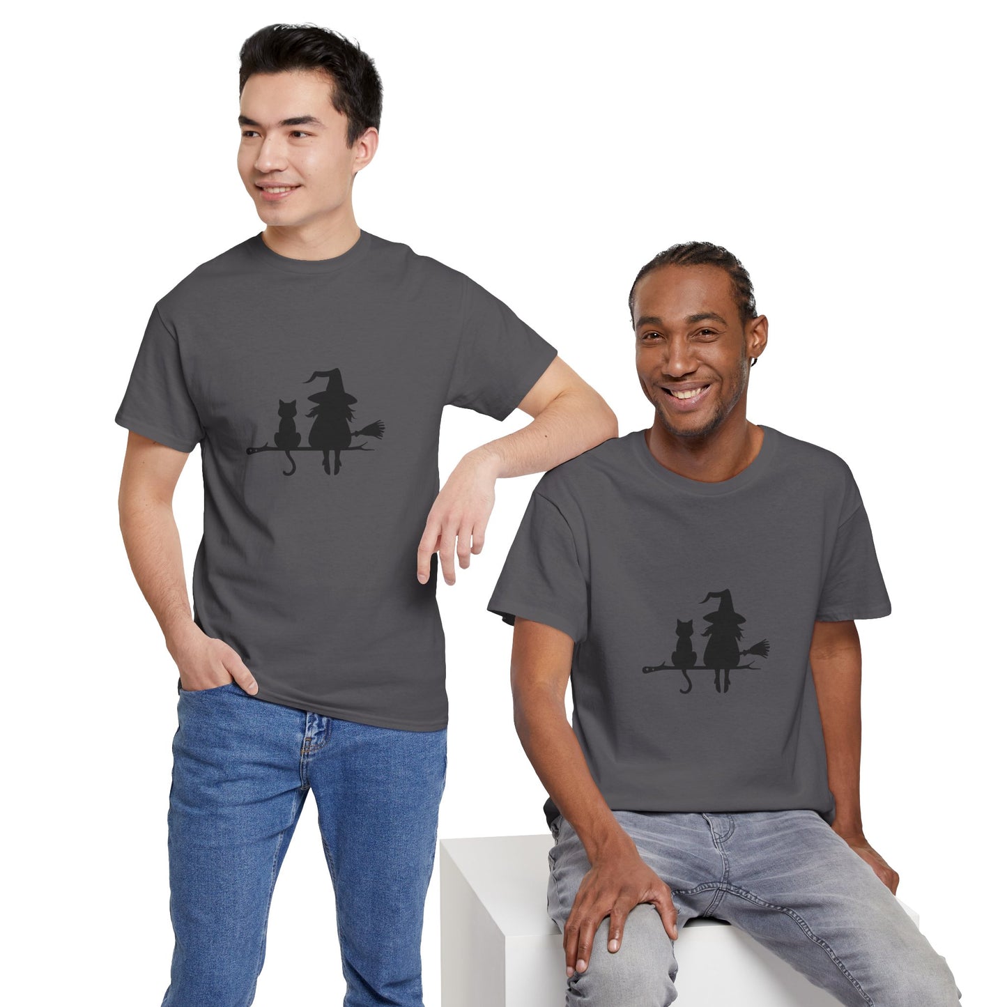 Witch and Cat Tee | Spooky Unisex Shirt for Halloween | Cute Witchwear for Cat Lovers | Fall Wardrobe Essential | Gift for Magical Friends