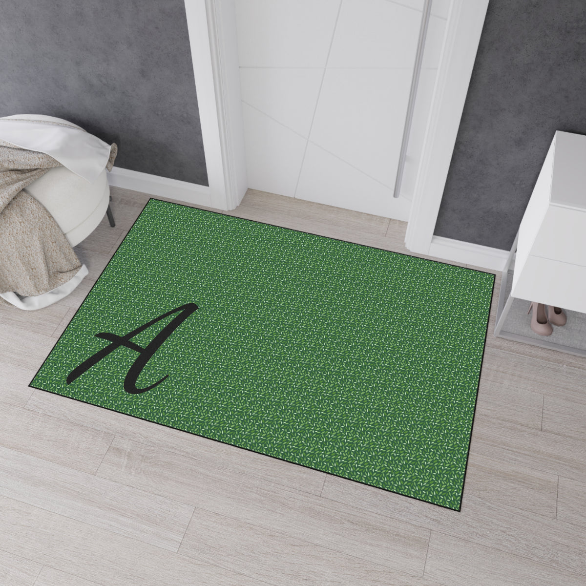 Monogram Heavy-Duty Floor Mat — Green Textured Doormat with Script "A"