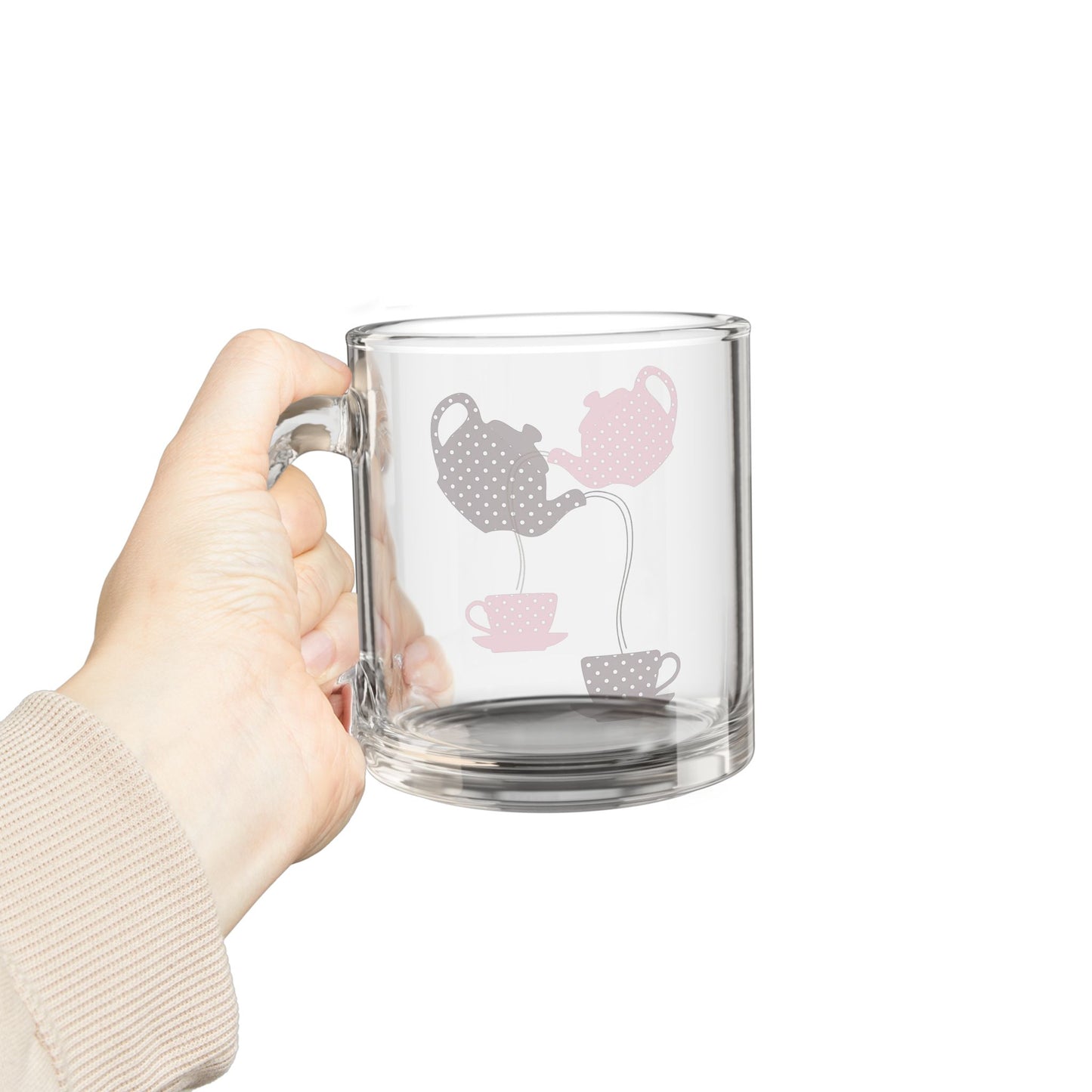 Tea Time Glass Mug, Coffee Cup, 10oz Tea Lovers Gift, Kitchen Decor, Pink Teapot Design, Mother's Day Present, Cozy Drinkware
