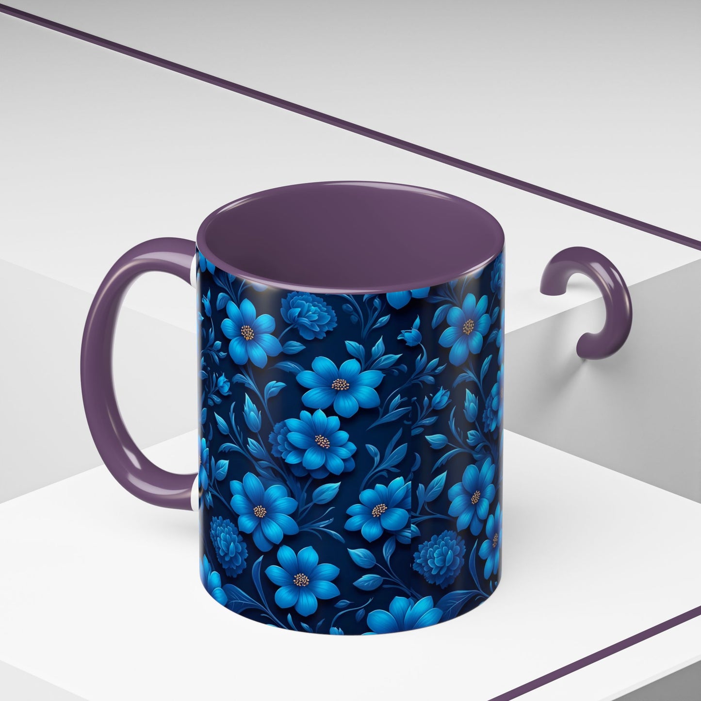 Floral Accent Coffee Mug, Blue Flower Mug, Ceramic Coffee Cup, Gift for Her, Nature-Themed Drinkware, Floral Home Decor, Unique Mug
